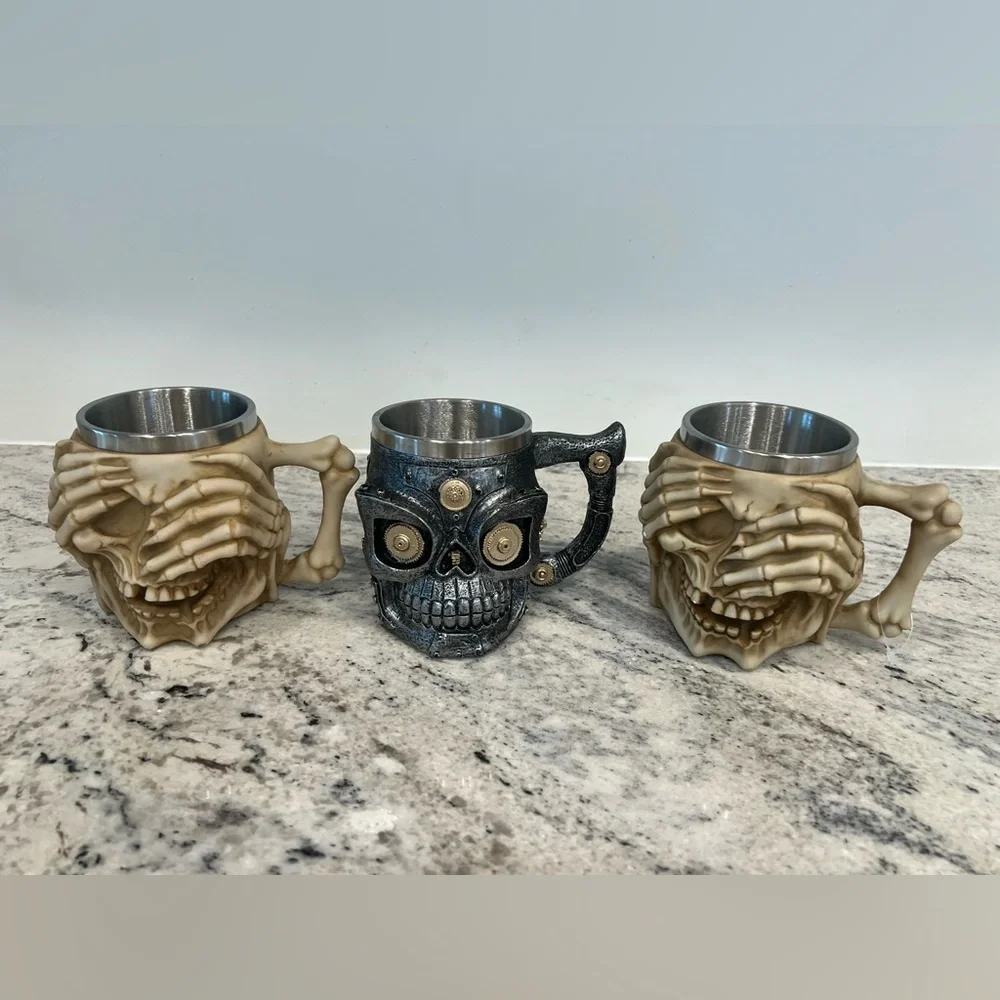 3 Skeleton and Skull Themed Mugs Set Halloween